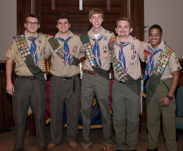 Josh Frantz, Parker Shannon, Andrew Brown, Henry Curran and Victor Manly gather after receiving their Eagle Scout rankings.